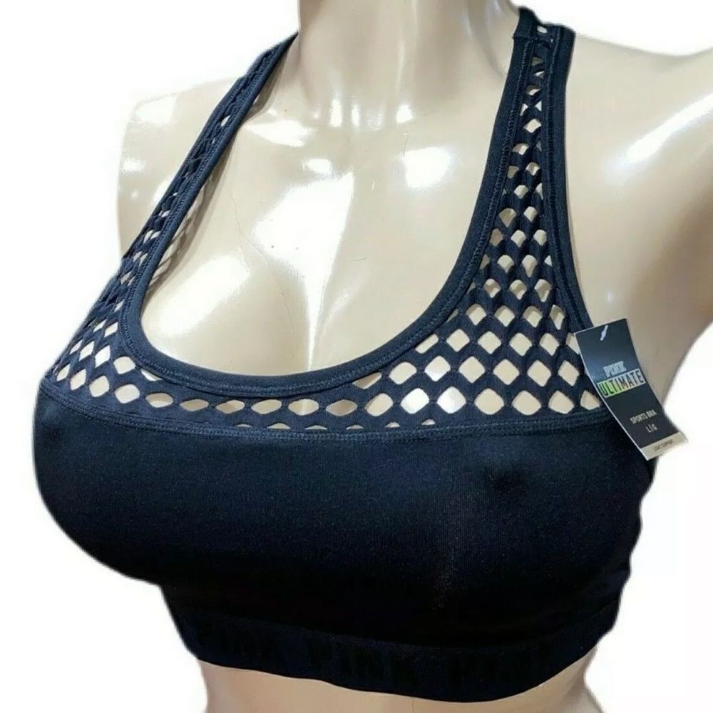 Victoria's Secret Pink Ultimate Mesh detail Unlined Sports Bra Black Large